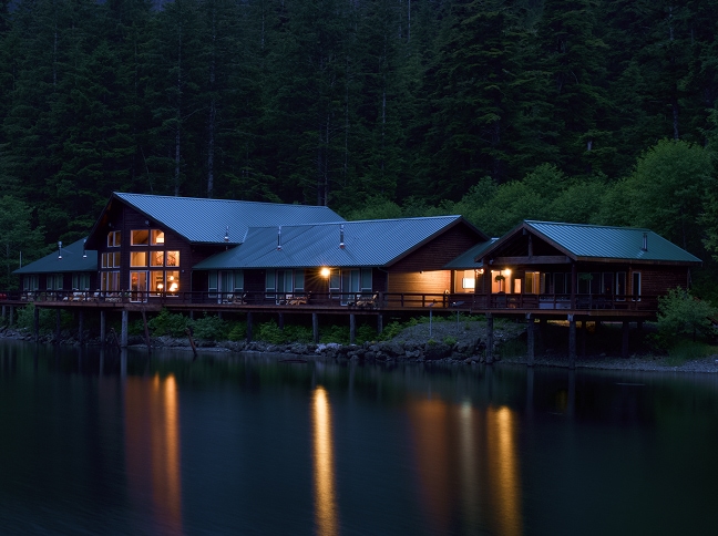 Exterior ot the lodge at night