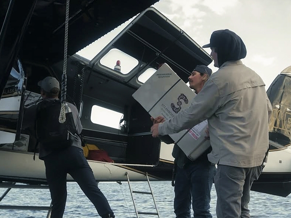 Loading packed fish into air taxi