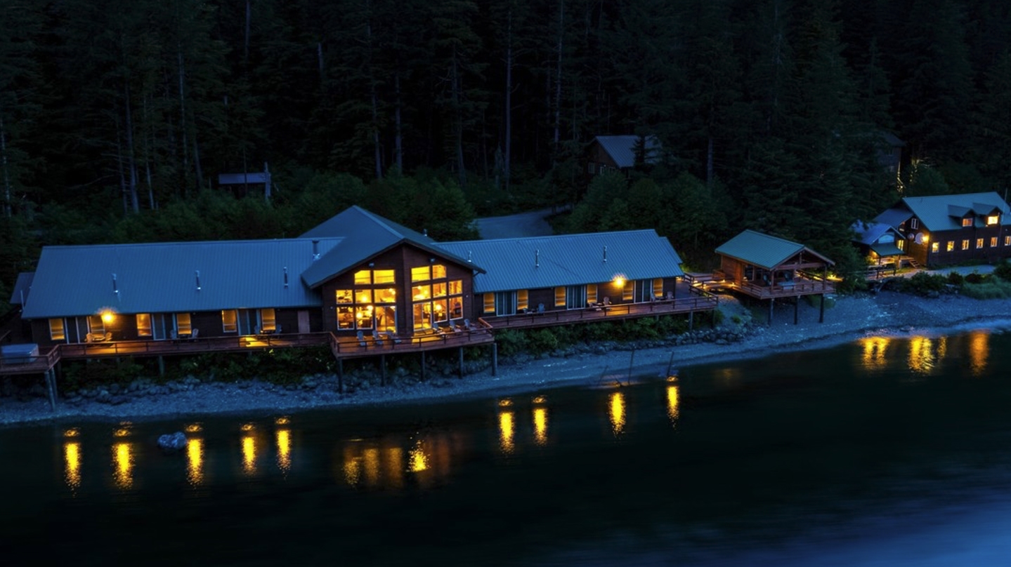 lodge lit up at night